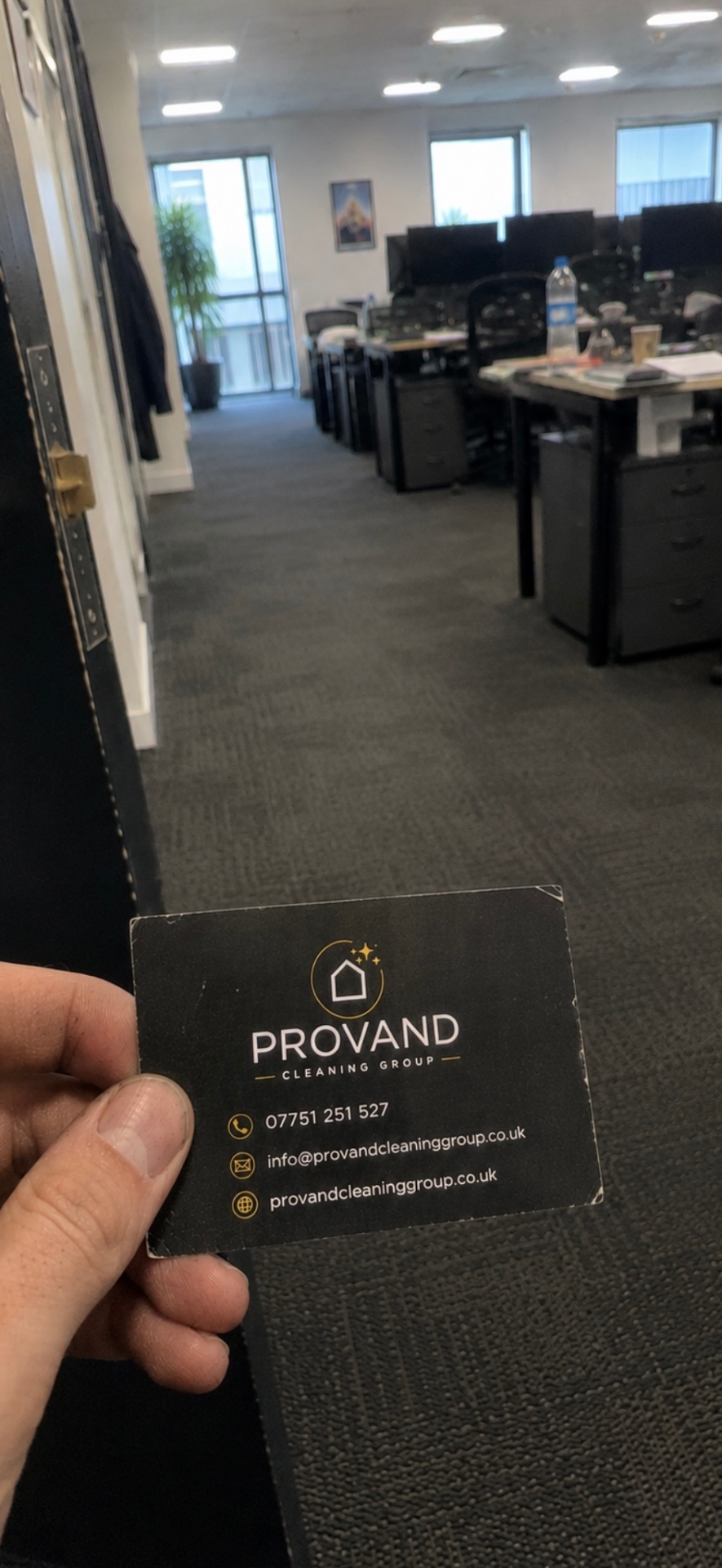 Provand business card in a cleaned Glasgow office